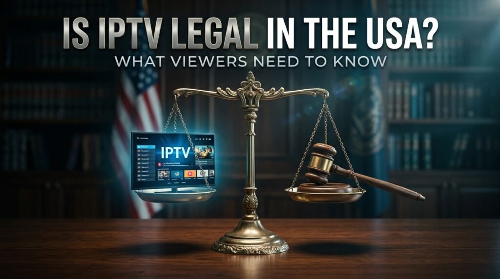 L'IPTV est-il légal au Canada : balance de la justice à côté d'un écran IPTV