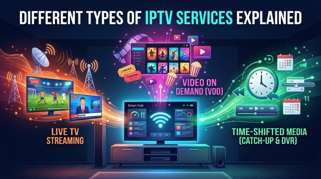 Types de services IPTV : télé en direct, vidéo sur demande et reprise