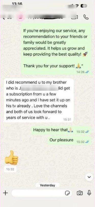 Capture WhatsApp réelle : un client recommande le service IPTV à son frère