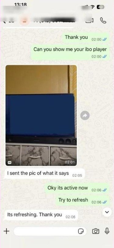 Capture WhatsApp réelle : activation IPTV réglée par le support à 2 h du matin