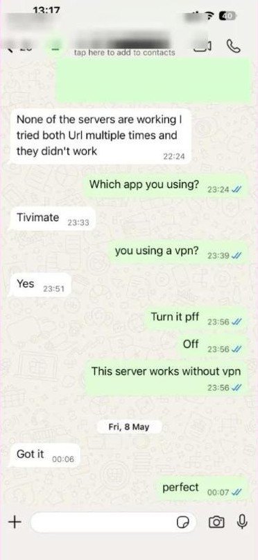 Capture WhatsApp réelle : problème IPTV réglé en désactivant le VPN