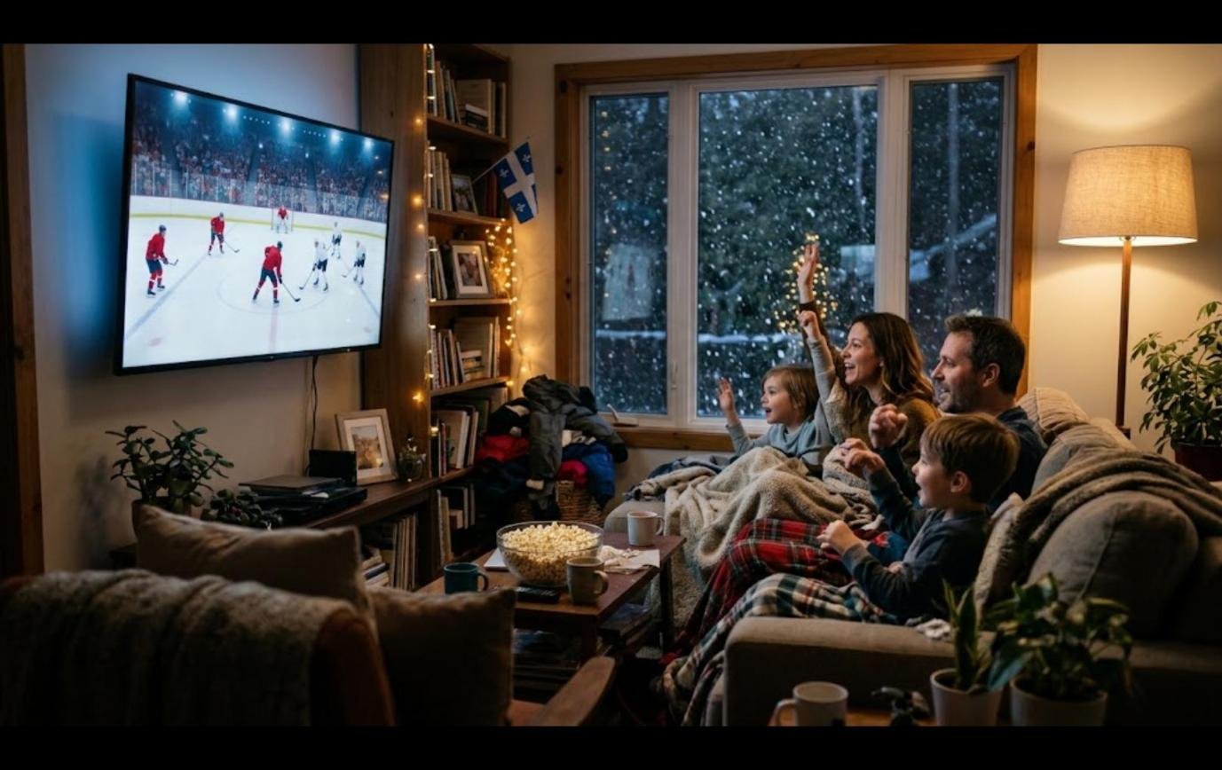 Famille québécoise qui regarde un match de hockey du Canadien à la maison un soir de neige