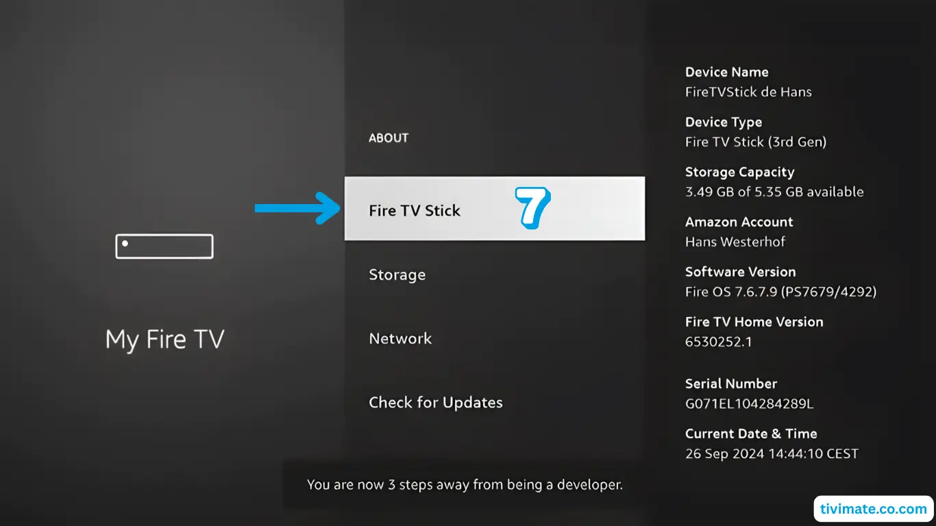 Débloquer les options pour les développeurs en cliquant 7 fois sur le nom du Firestick