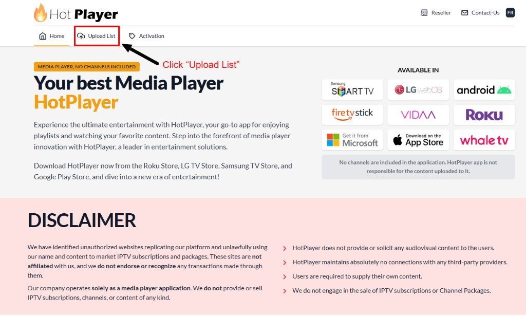 Site de Hot Player pour ajouter une liste IPTV sur Roku