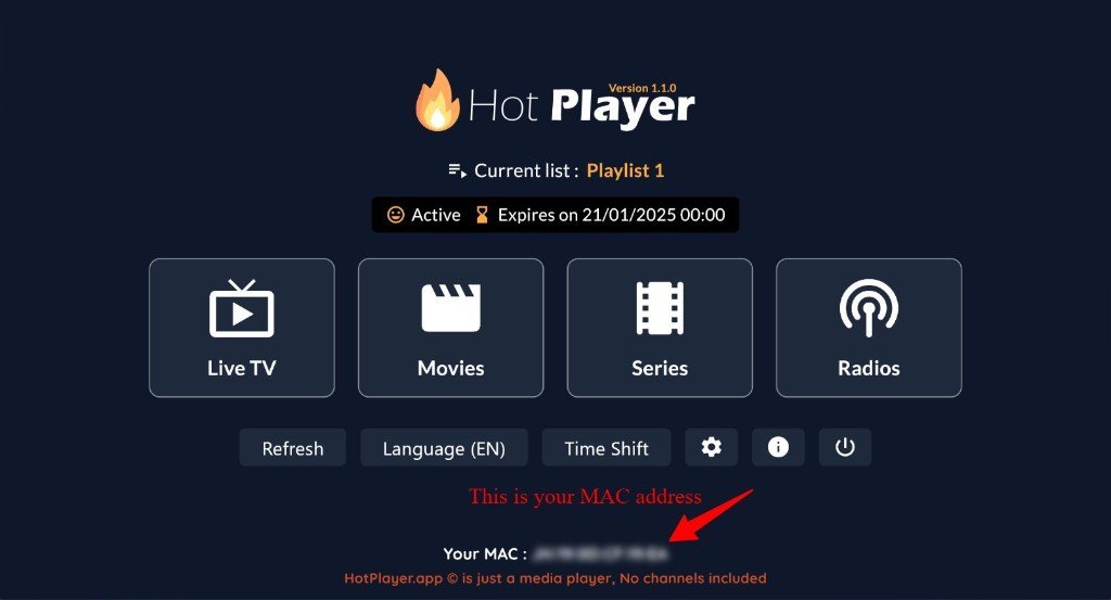Adresse MAC affichée dans Hot Player sur Roku TV